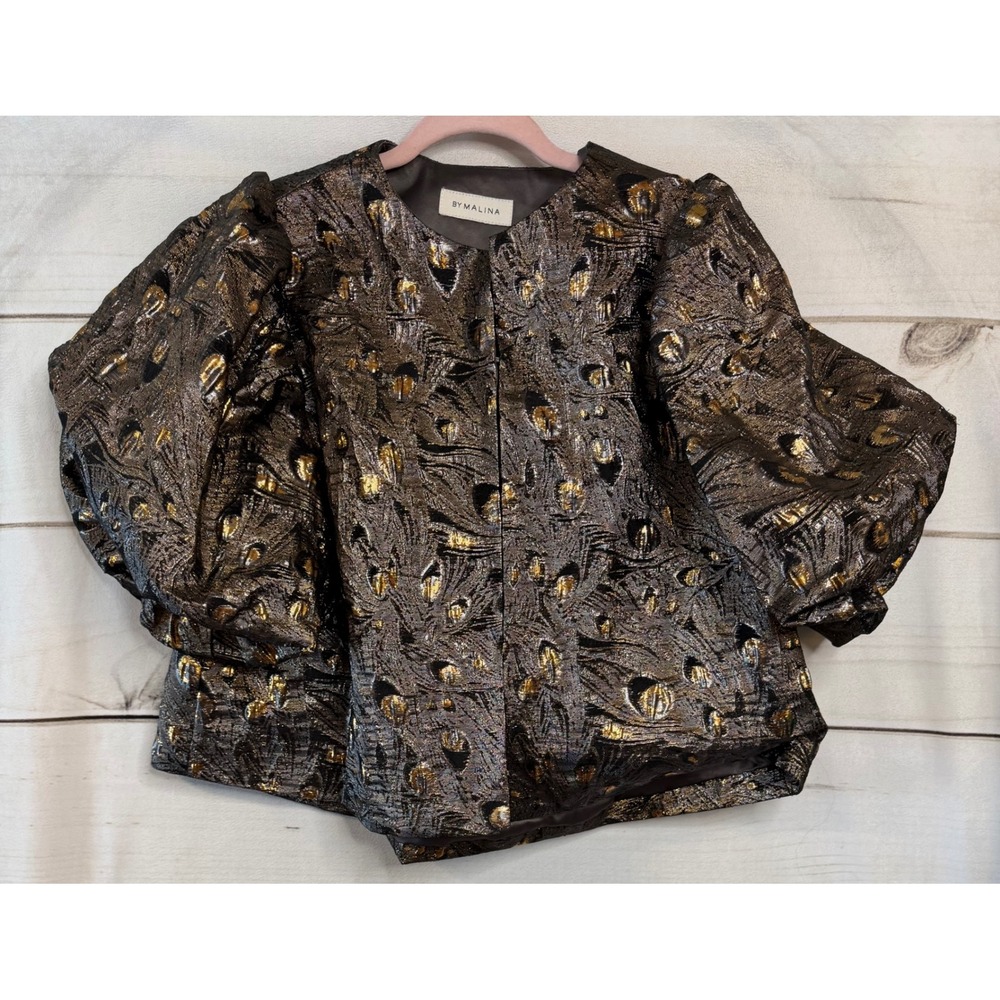 By Malina Cleo Pouf Sleeve Blouse Metallic Smoke Gold Silver Jacquard Top M NEW